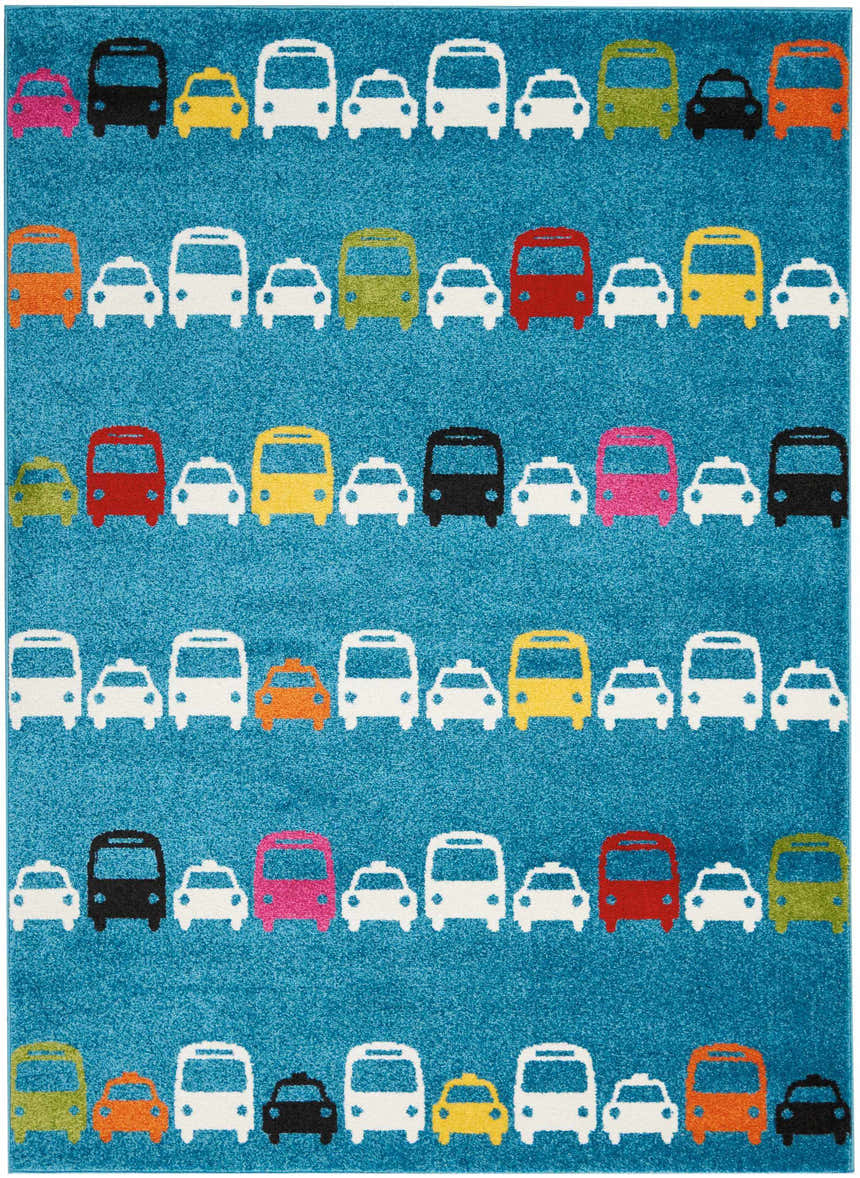 Nourison Miles Blue Kids Rug with colorful cars and buses pattern on a light blue background. Fun kids rug.