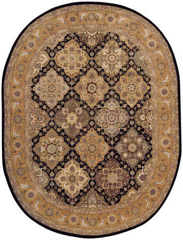 Detailed oval Nourison 2000 Black Persian rug. Handmade wool rug with black, tan, and brown floral medallion pattern.