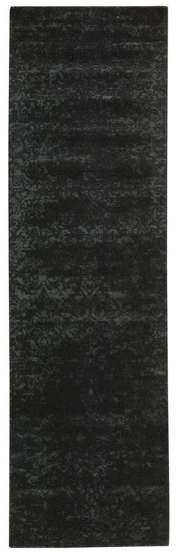 Close-up of the Calvin Klein Home Maya Midnight runner rug, showing its subtle, dark gray pattern and soft texture.