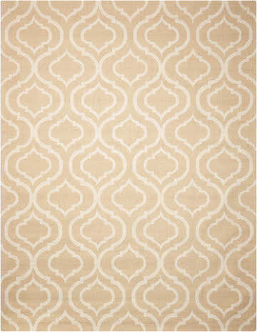 Close-up of the Nourison Linear Beige Moroccan rug, featuring a geometric trellis pattern in beige and ivory.
