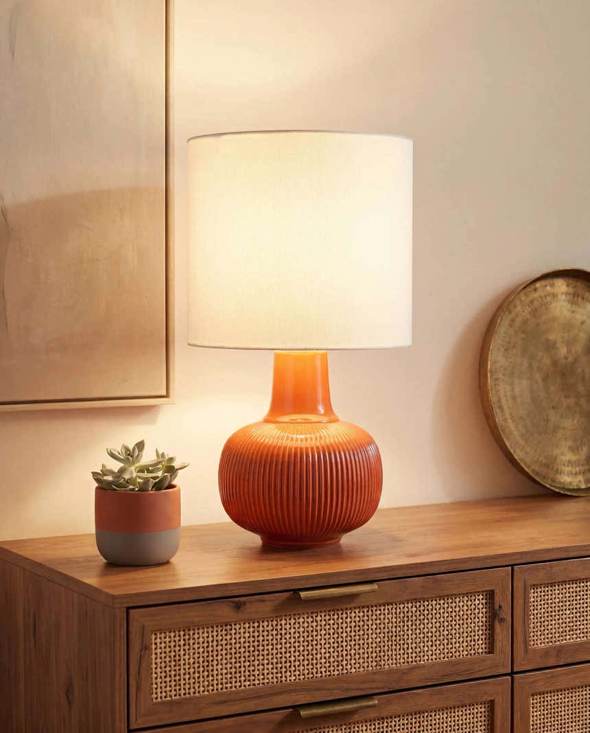 Red Coastal Table Lamp with linen details for bedside or console tables