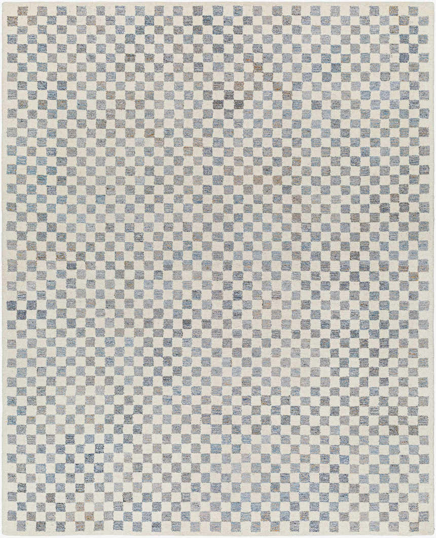 Close-up of the Halen Gray Checkered Area Rug, featuring a geometric checkerboard pattern in gray, brown, and natural hues. Design-Rectangle-810
