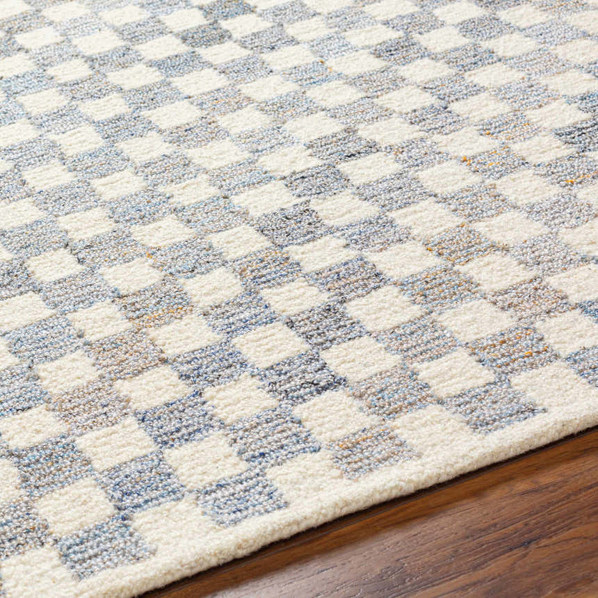 Close-up of the Halen Gray Checkered Area Rug showing its geometric, textured, charcoal and light gray checkered pattern. Texture
