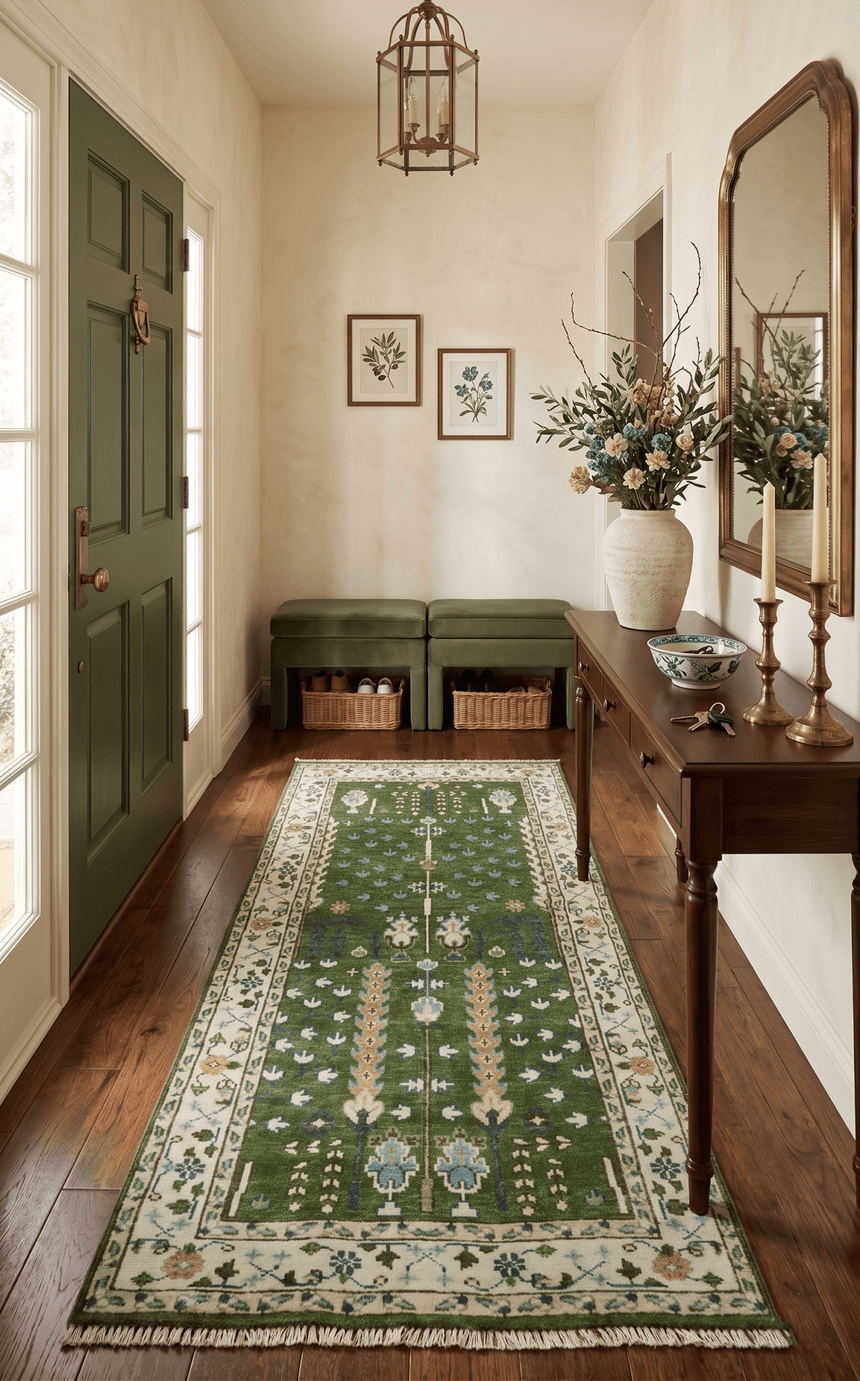 Ready to Ship Oversize 5x10 Runner Rug Green Tree of life Wool Rug