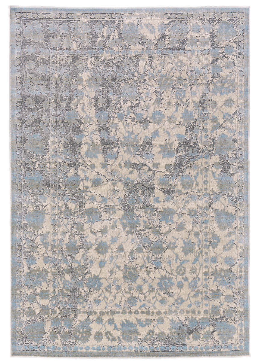 Feizy Prasad rug, modern distressed design in blue, taupe, and ivory. Vintage style rectangle area rug. Design-Rectangle