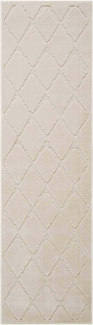 Close-up of the Michael Amini Gleam Ivory rug. Diamond pattern in shades of ivory and cream. Mid-century modern style.