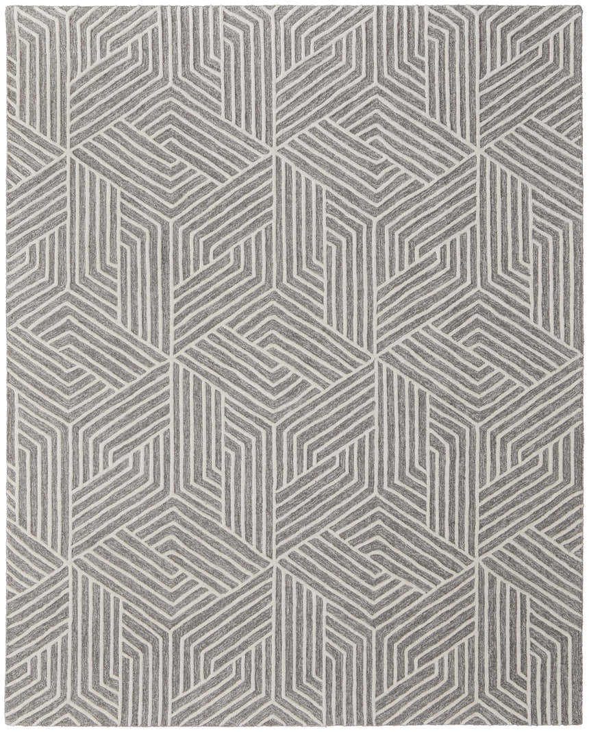 Close-up of Feizy Lytton Gray/Ivory rug. Modern geometric design with gray lines on an ivory background. Hand-tufted wool texture. Design-Rectangle