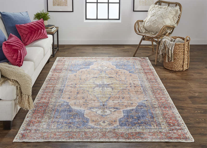 Living room with white sofa and Feizy Percy Red/Tan/Blue rug, creating a casual, farmhouse style. Roomscene-Rectangle