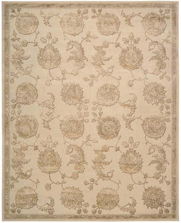 Close-up of a Nourison Regal Sand Persian rug; sandstone color, floral pattern, handmade wool and silk rug.