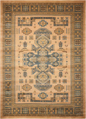 Close-up of the Nourison Maymana Camel Persian Area Rug, featuring a traditional geometric design in camel and blue tones.