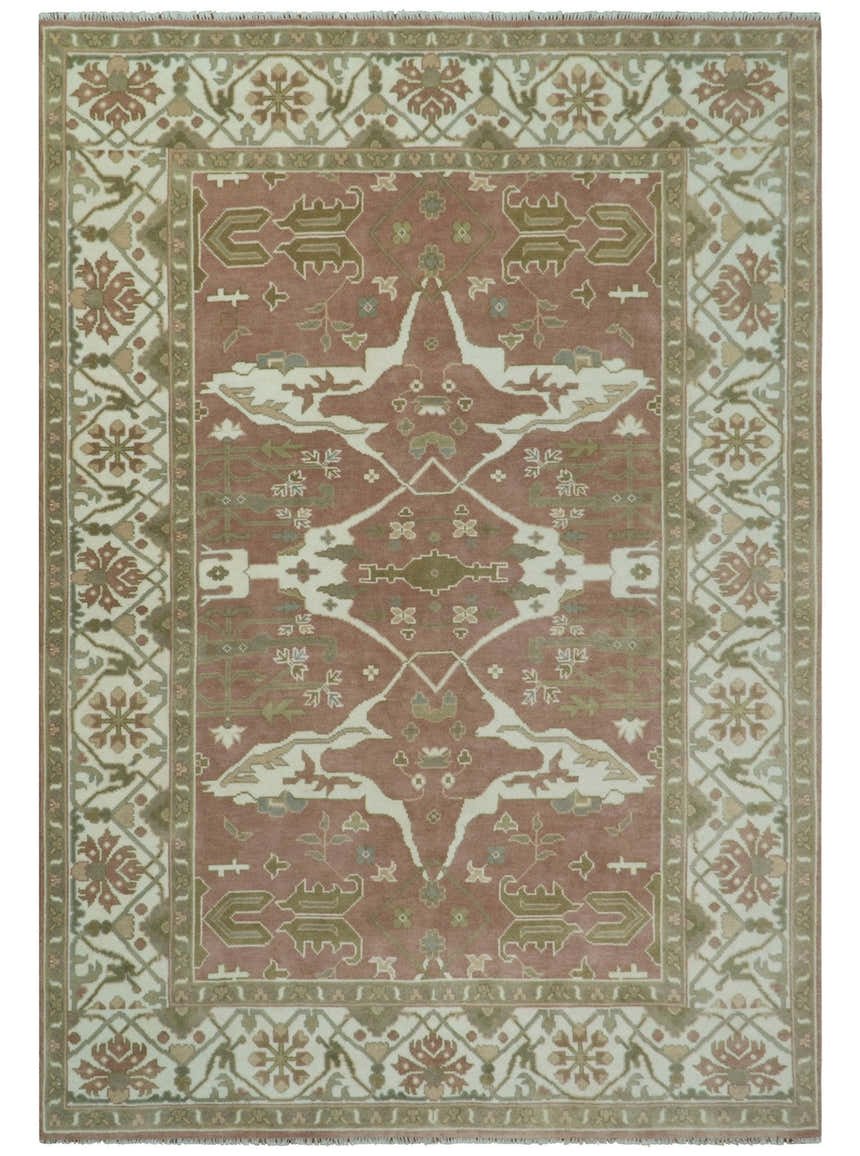 Peach, Ivory and Olive Hand knotted Multi size Oriental Oushak Traditional Wool Area Rug