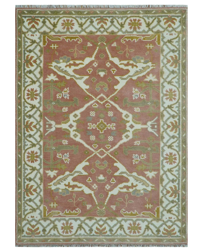Peach, Ivory and Olive Hand knotted Multi size Oriental Oushak Traditional Wool Area Rug
