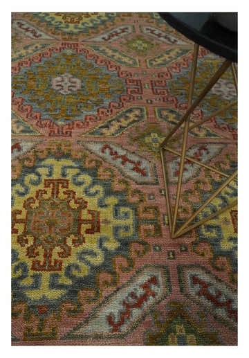 Peach, Mustard, Brown and Gray Oriental Hand Knotted Multi Size Wool Area Rug, Living Room and Bedroom Rug