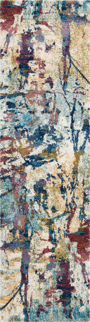 Close-up of Nourison Fusion Cream Multicolor Rug, featuring abstract design in cream, blue, red, and gold tones.