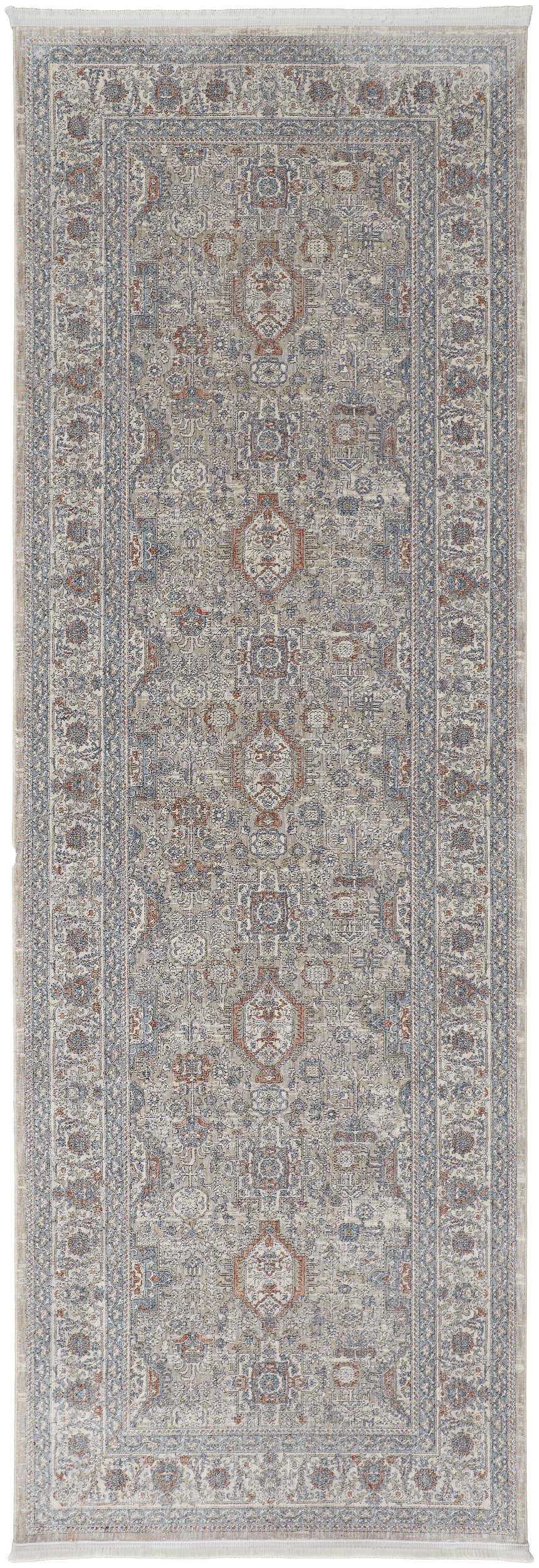 Close-up of Feizy Marquette Transitional Oriental rug in taupe, silver, and blue. Features a vintage-inspired pattern. Design-Runner