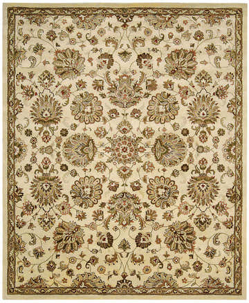 Close-up of Nourison Jaipur Ivory Persian rug. Handmade wool rug with chestnut floral patterns and a delicate border.