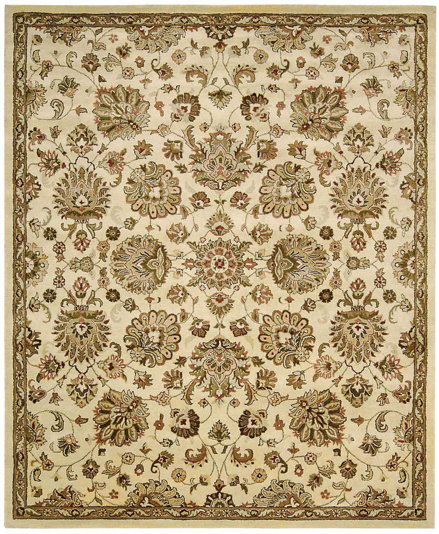 Close-up of Nourison Jaipur Ivory Persian rug. Handmade wool rug with chestnut floral patterns and a delicate border.