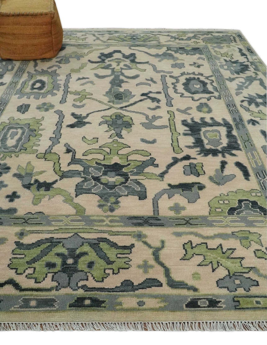Beige, Charcoal and Green Hand knotted Oushak Traditional Wool Area Rug