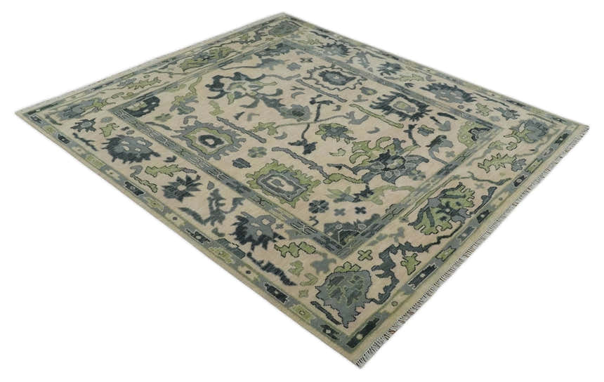 Beige, Charcoal and Green Hand knotted Oushak Traditional Wool Area Rug