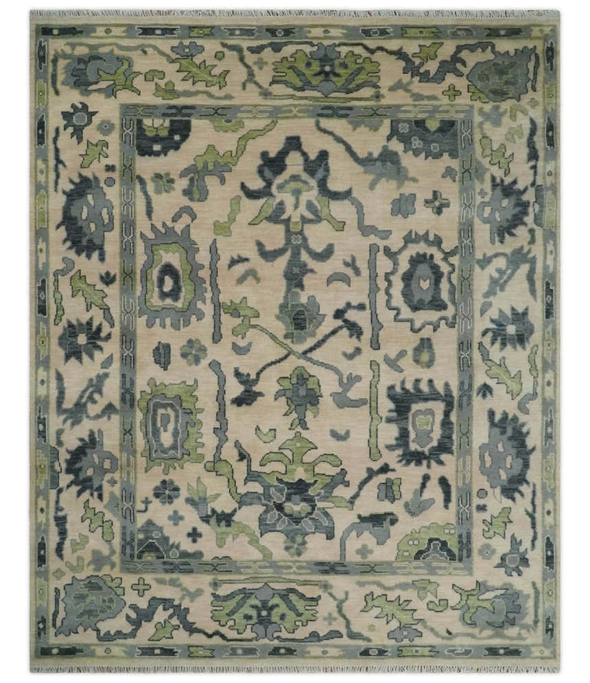 Beige, Charcoal and Green Hand knotted Oushak Traditional Wool Area Rug