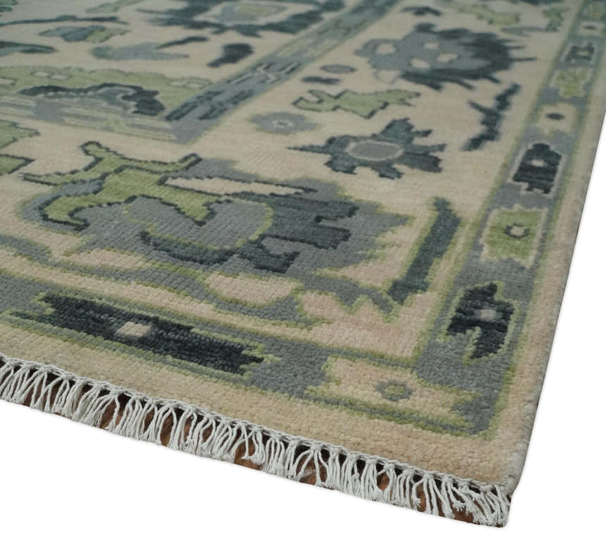 Beige, Charcoal and Green Hand knotted Oushak Traditional Wool Area Rug