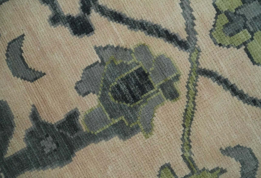 Beige, Charcoal and Green Hand knotted Oushak Traditional Wool Area Rug