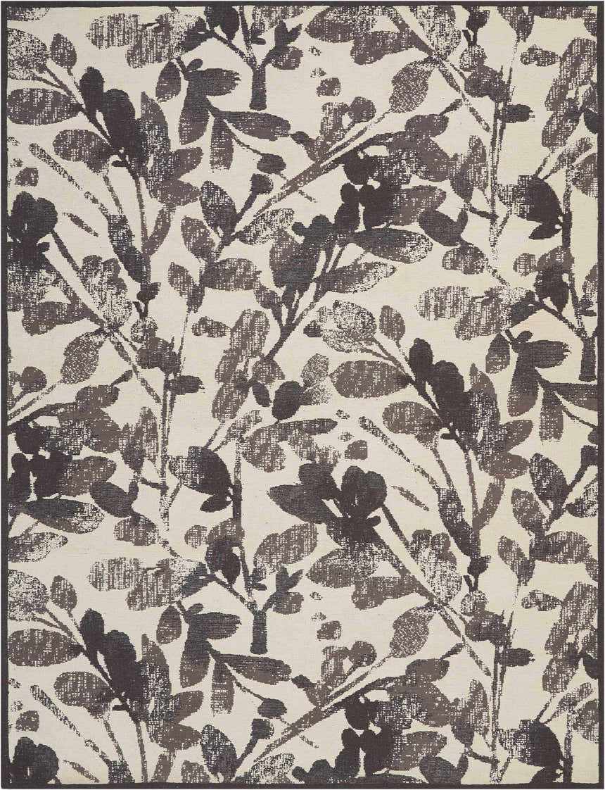 Close-up of the Waverly Vintage Lux Graphite rug, featuring a modern floral pattern in graphite on a light neutral background.