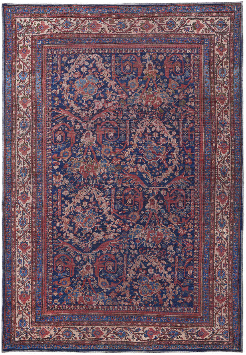 Feizy Rawlins Transitional Oriental rug in red, blue, and tan. Vintage style with a detailed floral pattern. Design-Rectangle