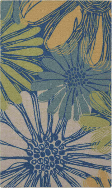 Close-up of the Nourison Home & Garden Blue Contemporary Area Rug with a floral design in blue, green, and tan.