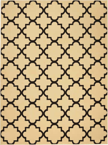 Close-up of Nourison Grafix Cream Black Moroccan rug featuring a quatrefoil pattern. Rectangle shape.