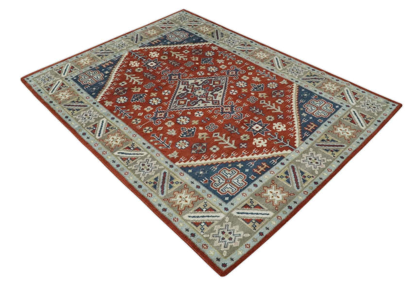 Premium Style Rust, Blue and Beige Hand Knotted Traditional Heriz wool Area Rug