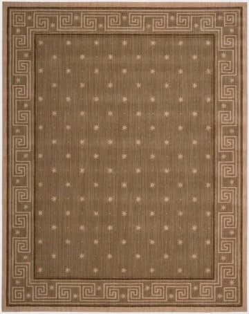Close-up of the Nourison Cosmopolitan Chestnut Persian rug, featuring a Greek key border and star pattern.