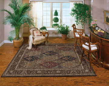 Living room scene with a Nourison 2000 Multicolor Persian rug, plants, bar, and wood floors. Traditional style.