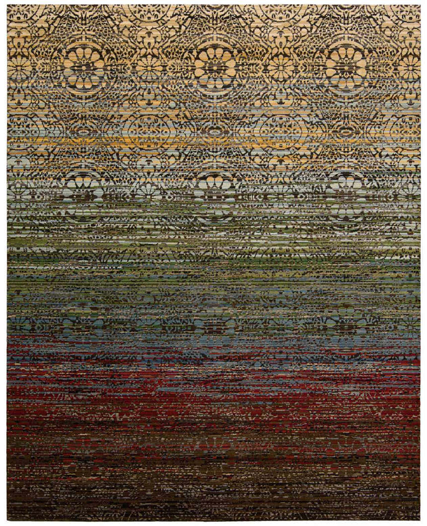 Close-up of the Nourison Rhapsody Multicolor rug. Floral pattern in beige, gold, green, blue, and red hues. Machine made.