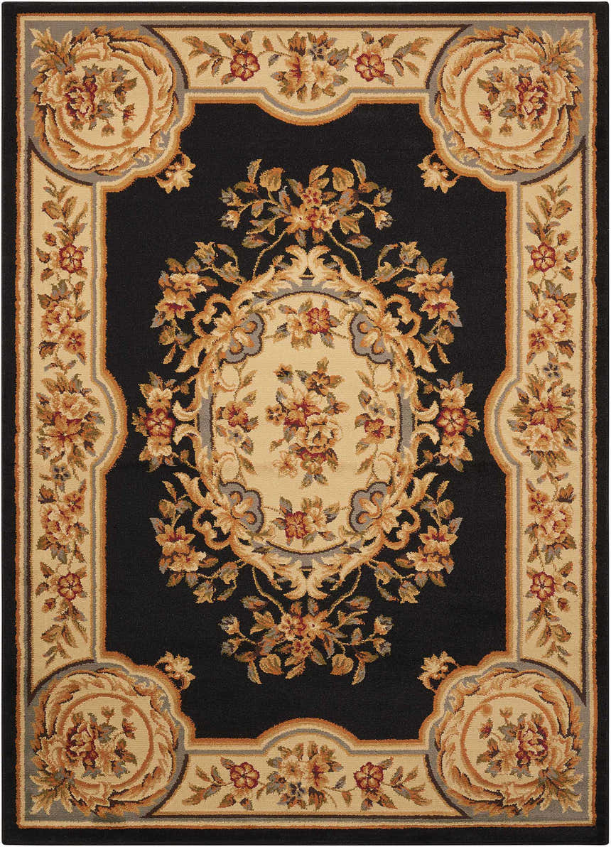 Close-up of the Nourison Paramount Black Vintage Area Rug, showcasing its floral pattern and classic design.