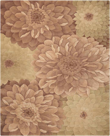 Close-up of the Nourison Tropics Taupe Green rug, featuring a contemporary floral design in shades of taupe, ivory, and green.