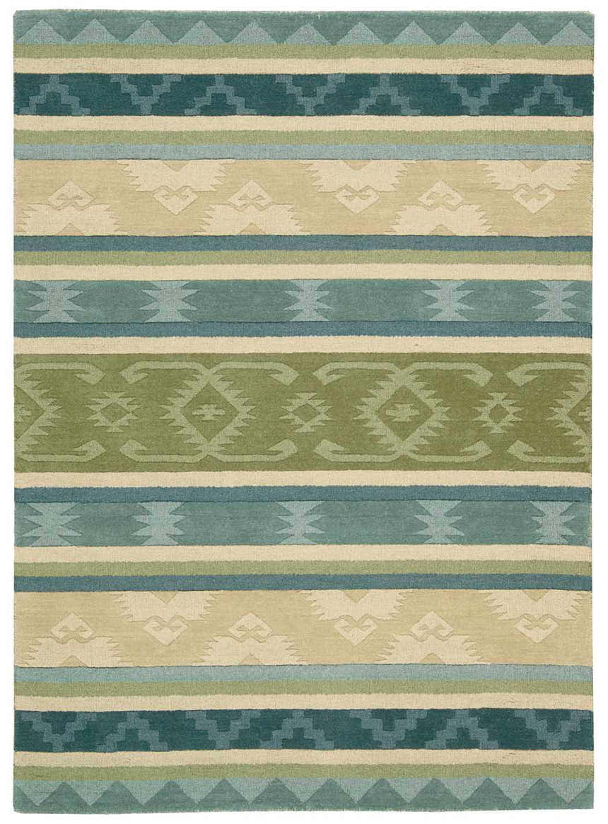 Close-up of Nourison India House Blue Green Persian rug. Wool rug with stripes and geometric designs in blue, green, and beige.