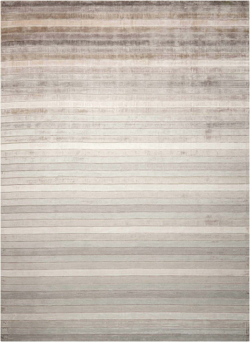 Close-up of Nourison Aura Silver Shadow rug featuring a horizontal striped pattern in shades of silver, beige, and gray.