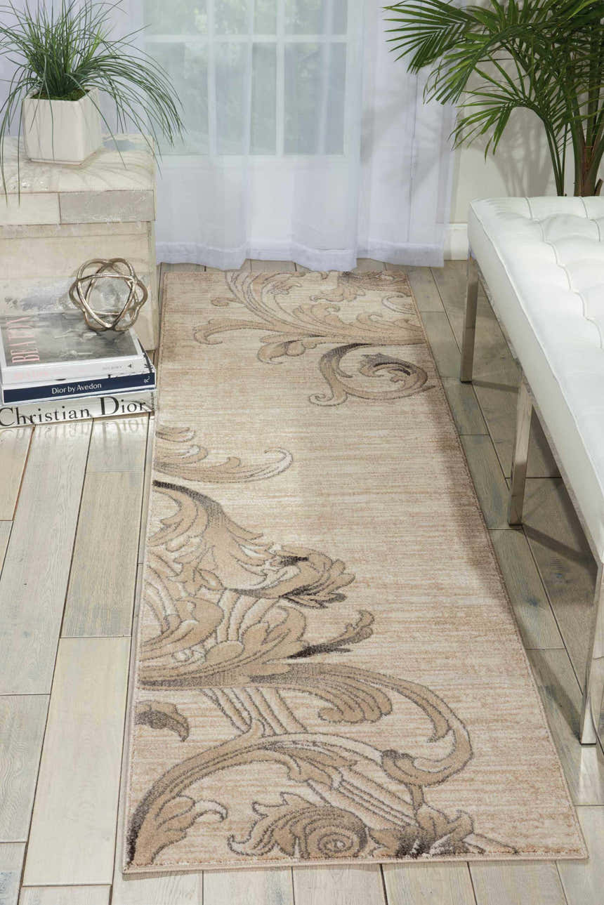 Entryway with Nourison Maxell Mocha rug runner, light brown floral pattern, white bench, sheer curtains, and wood floors.