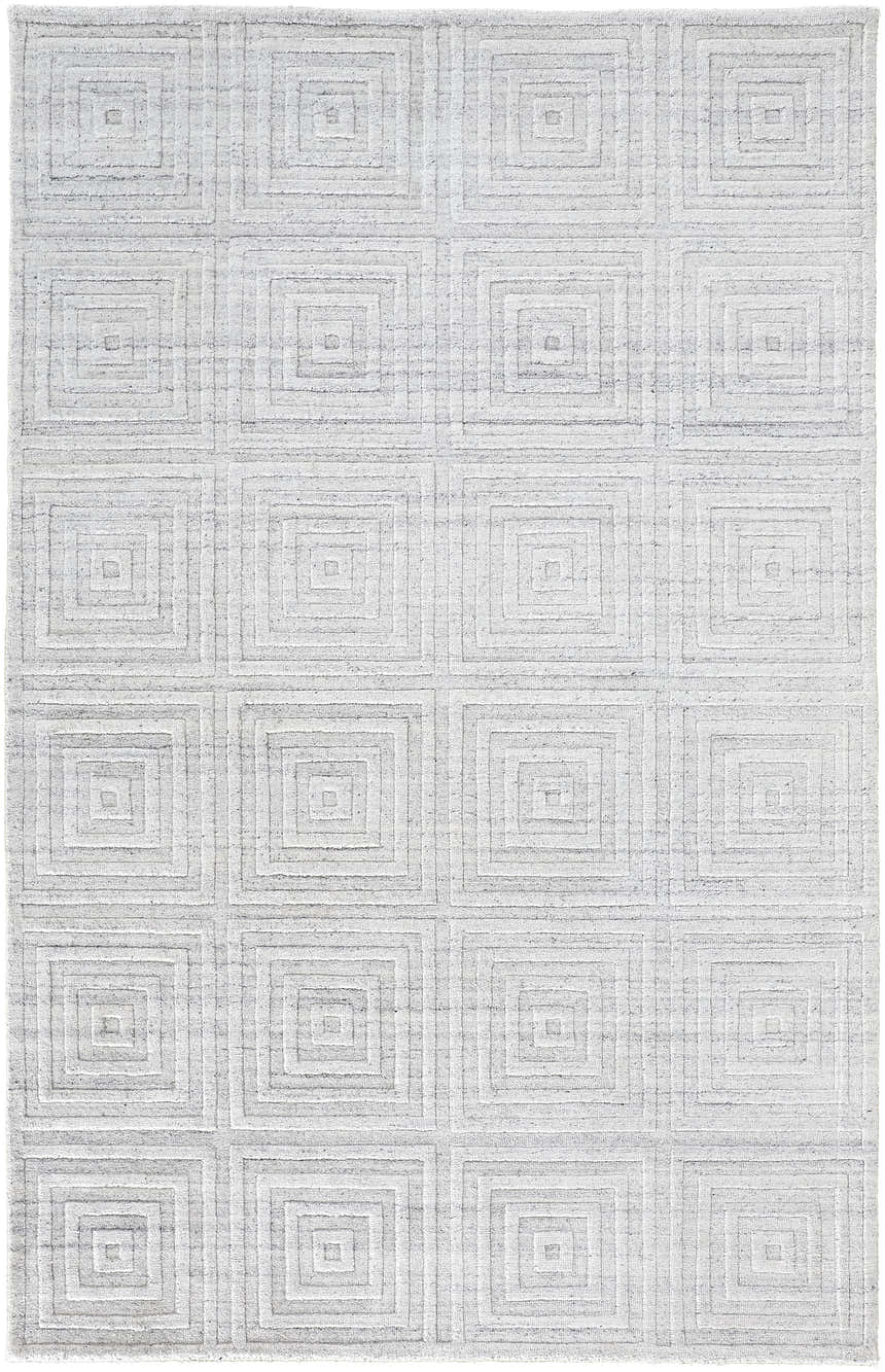 Close-up of the Feizy Redford Silver Gray rug. Hand-woven wool and viscose with a geometric square pattern. Design-Rectangle