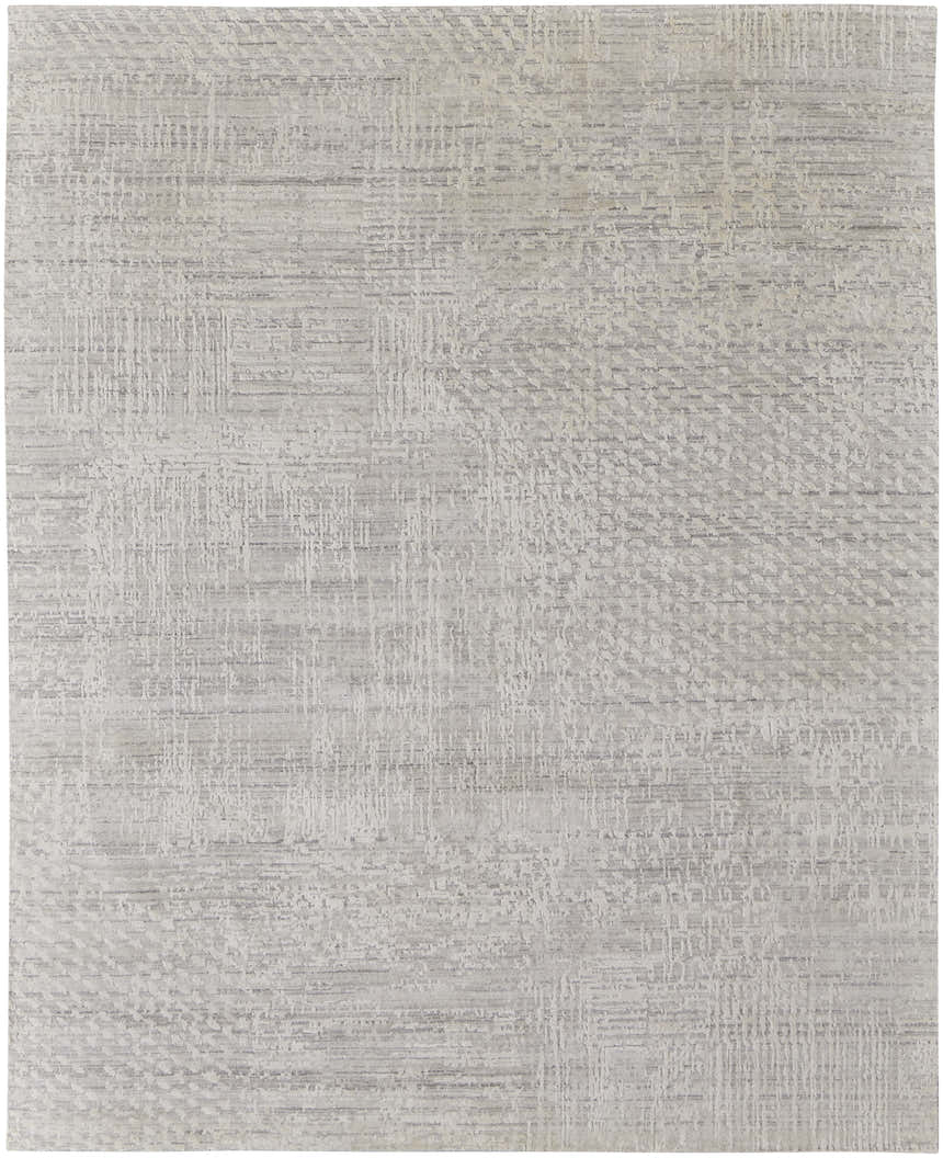 Close-up of Feizy Eastfield Ivory Area Rug. Modern abstract design with distressed woven texture in shades of ivory and gray. Design-Rectangle