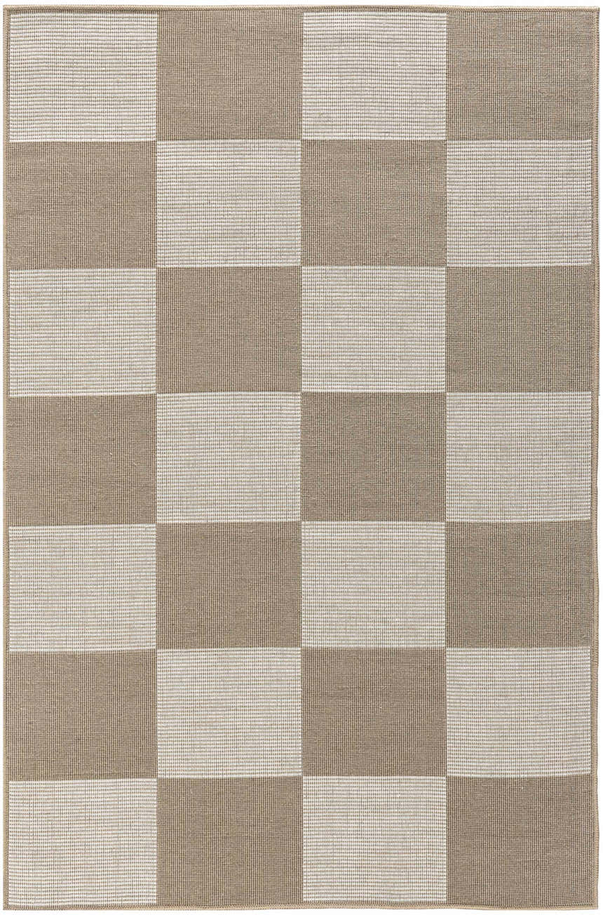 Close-up of Nourison Modern Jute rug. Chestnut and ivory squares create a checkerboard pattern. Jute and recycled cotton texture.