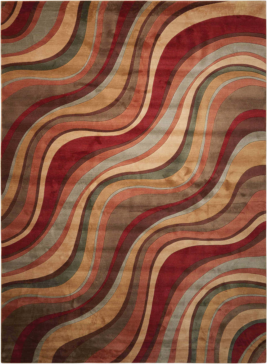 Close-up of Nourison Somerset Multicolor rug featuring a wavy, mid-century modern design in red, brown, tan, and green hues.
