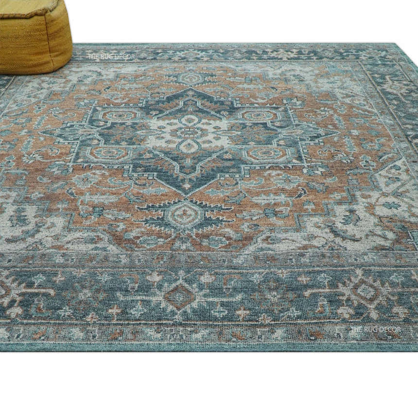 Ready to Ship 10x10 Square Distressed Brown And Gray Hand Knotted Wool Rug