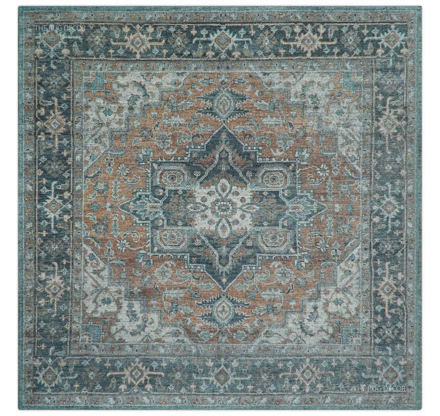 Ready to Ship 10x10 Square Distressed Brown And Gray Hand Knotted Wool Rug