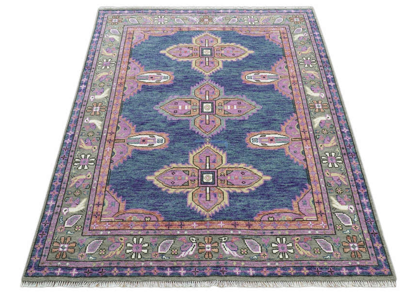Ready to Ship 7x9 Pink And Blue Hand Knotted Wool Rug