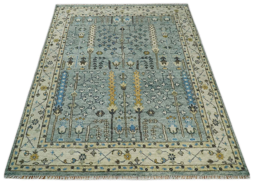 Ready to Ship Aqua and Ivory Tree of Design Hand Knotted Wool Area Rug
