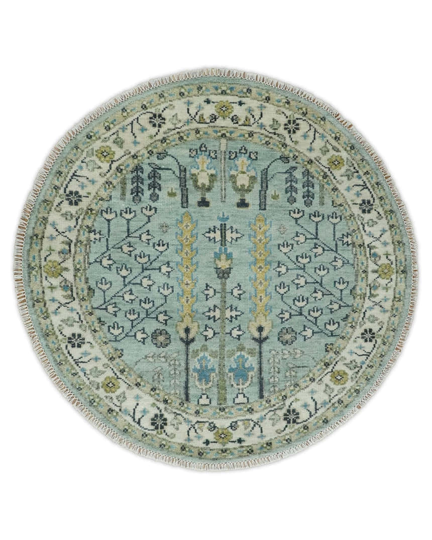 Ready to Ship Aqua and Ivory Tree of Design Hand Knotted Wool Area Rug