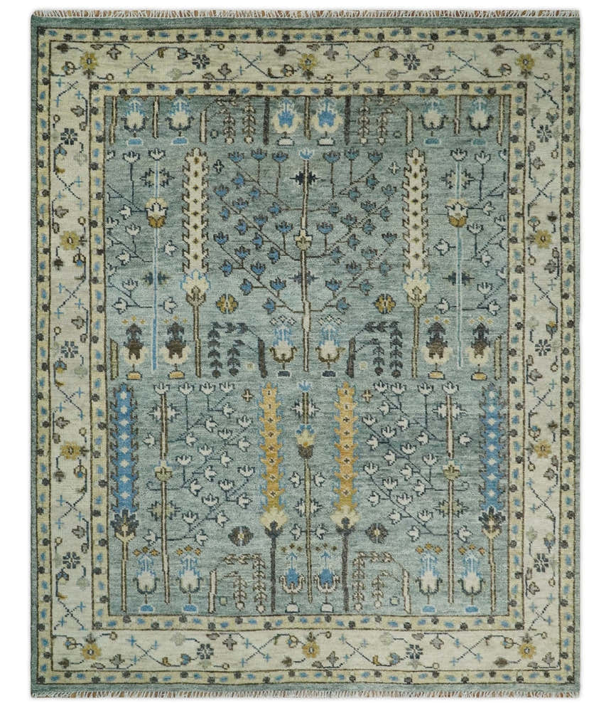 Ready to Ship 8x10, 9x12 Aqua and Ivory Tree Design Hand Knotted Wool Area Rug