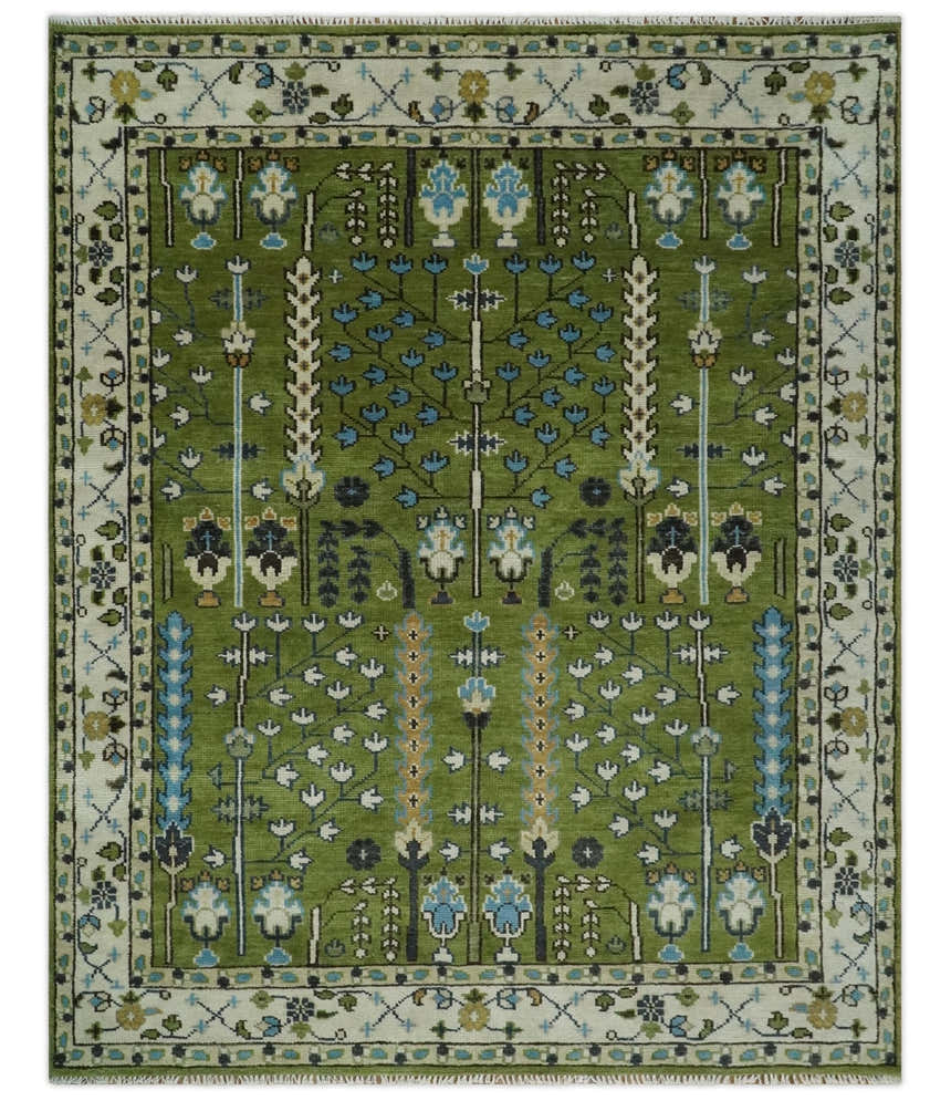 Ready to Ship Hand Knotted Green and Ivory Traditional Wool Area Rug